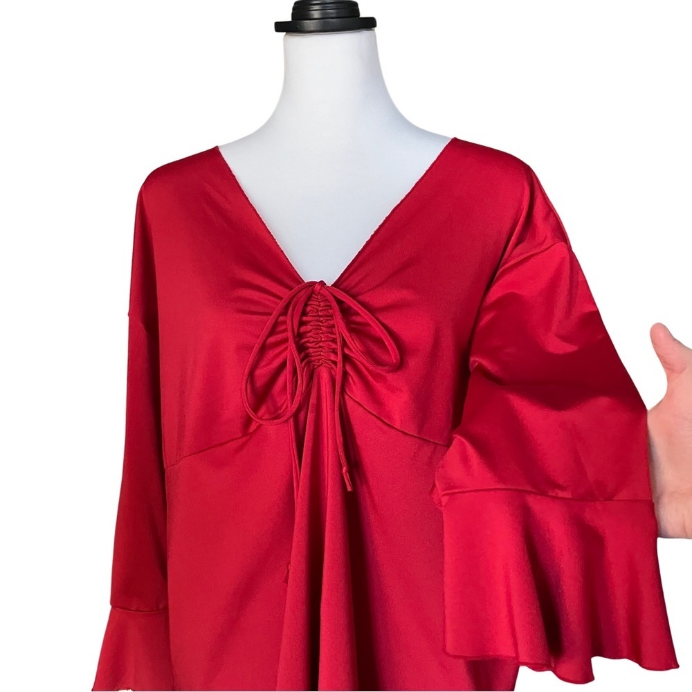 Vintage 90s 3X Red Silky Satin Flowy Ruched Bow Top with V Neck Flared Sleeves